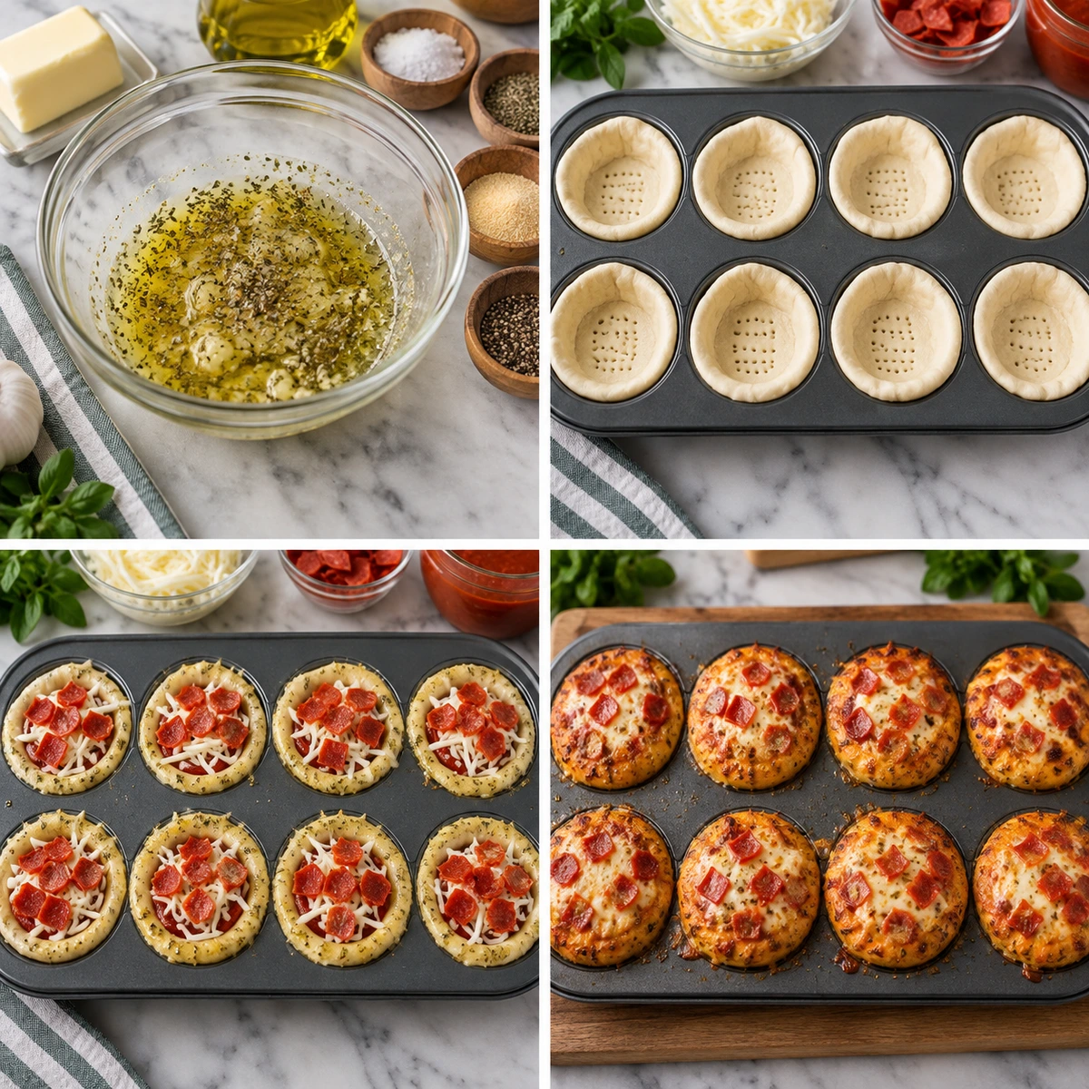 Four chronological preparation stages for Pizza Pot Pies Homemade