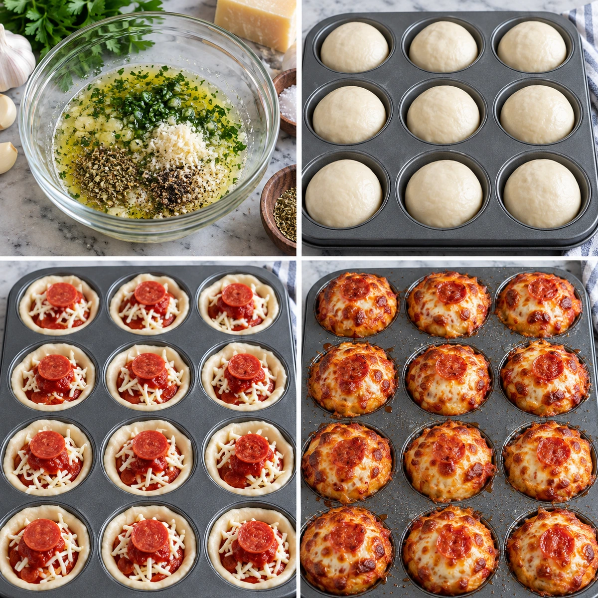 Four chronological preparation stages for Pizza Puffs – Little Caesars Copycat