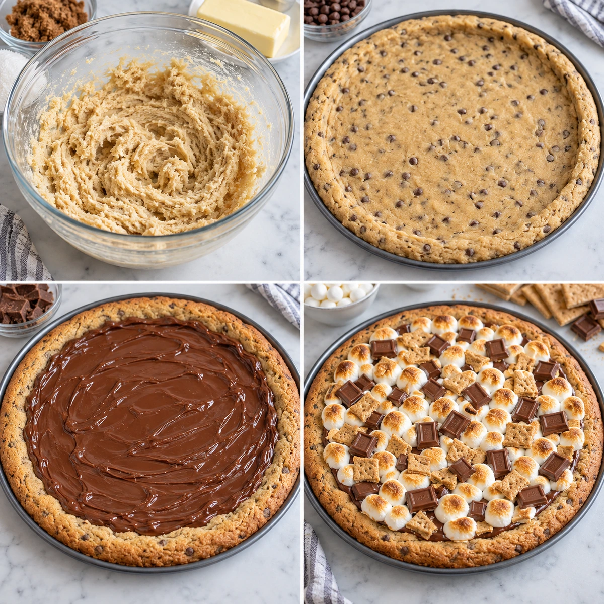 Four chronological preparation stages for S'mores Pizza