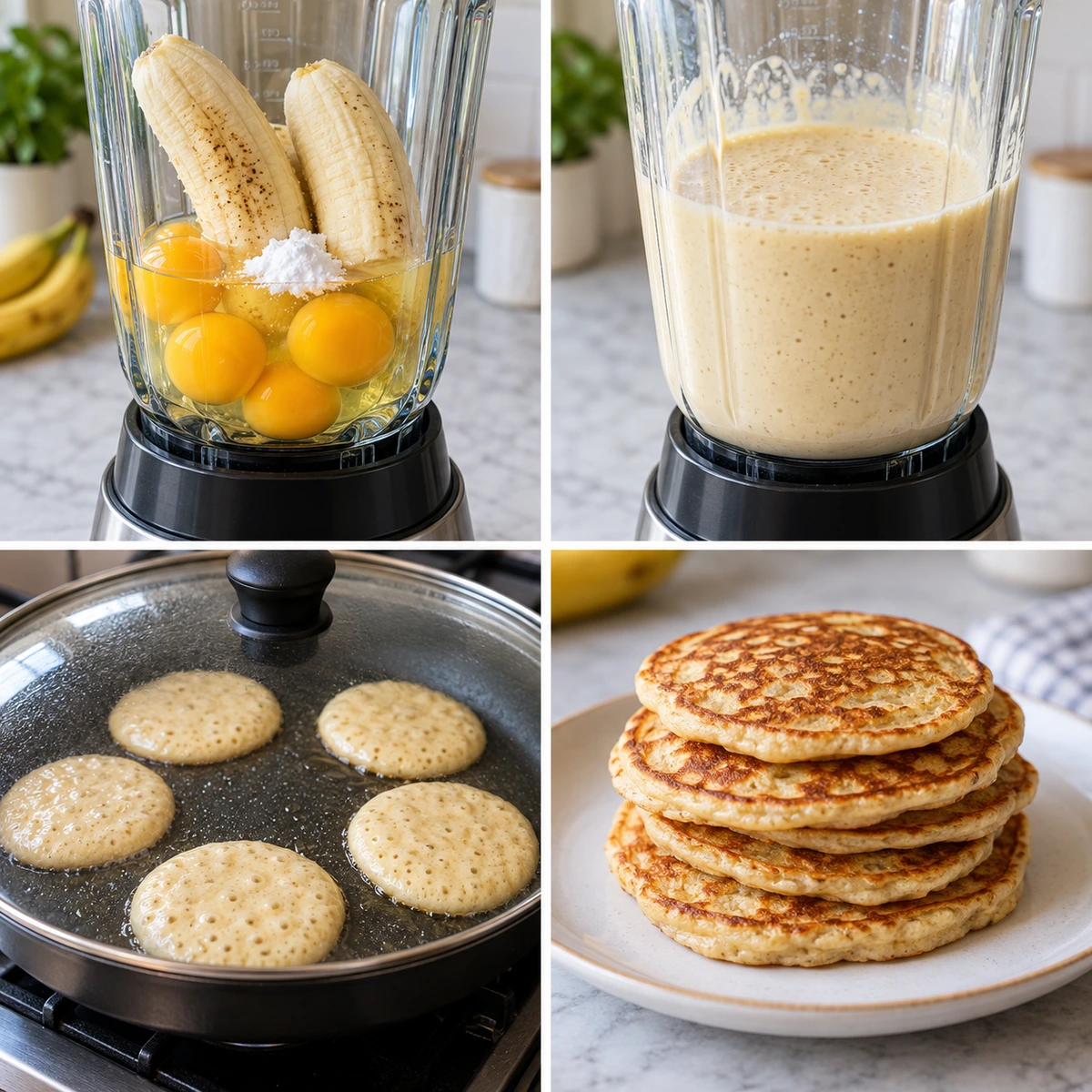 Four chronological preparation stages for 2 Ingredient Banana Pancakes