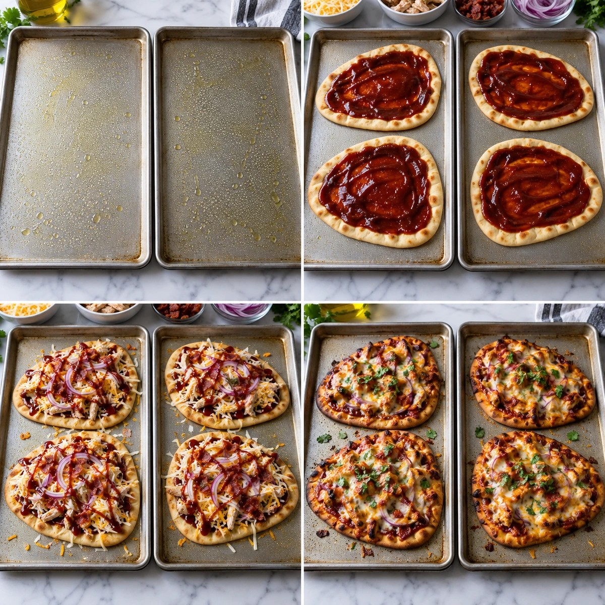 Four chronological preparation stages for BBQ Chicken Naan Pizzas