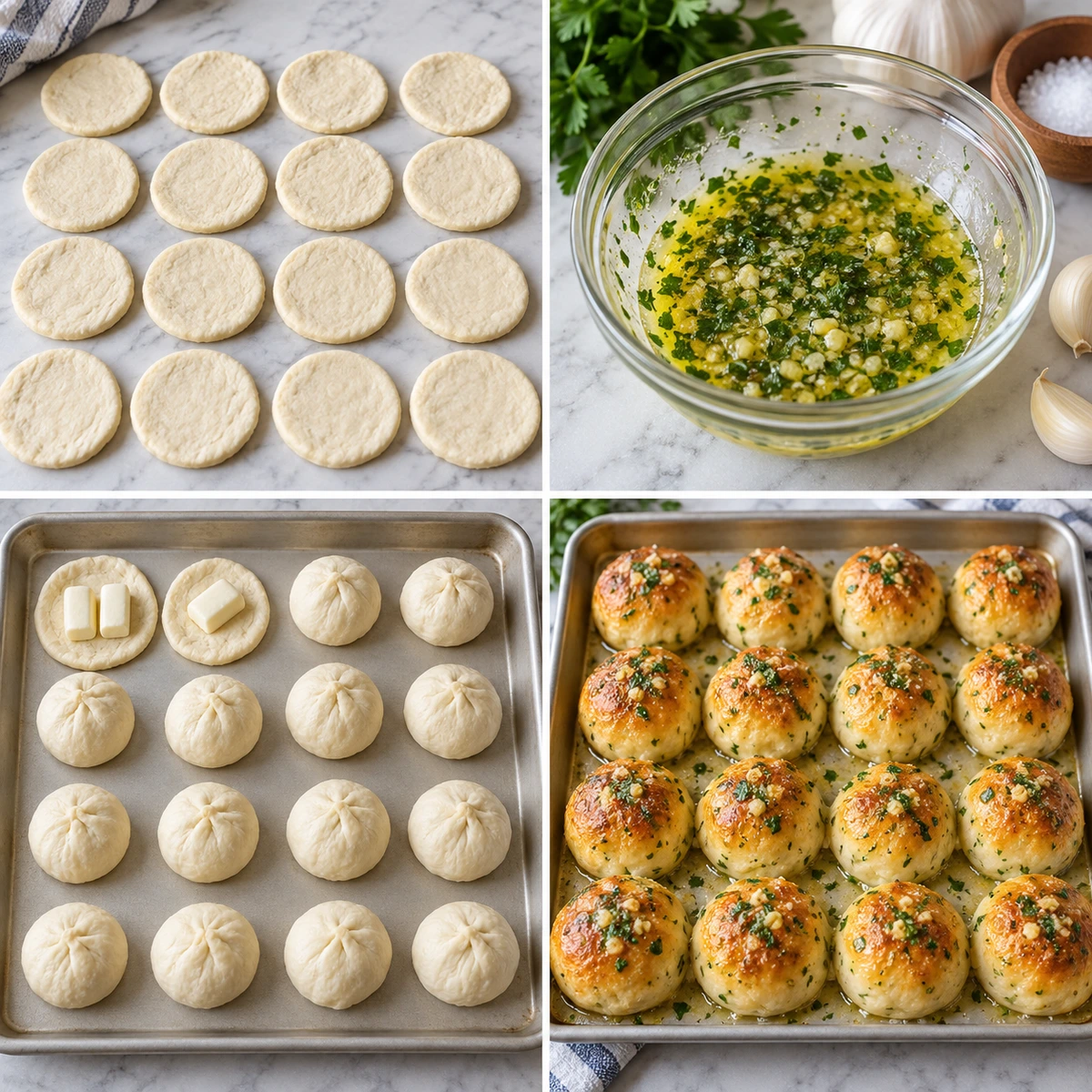 Four chronological preparation stages for Easy Gooey Mozzarella Biscuit Bombs
