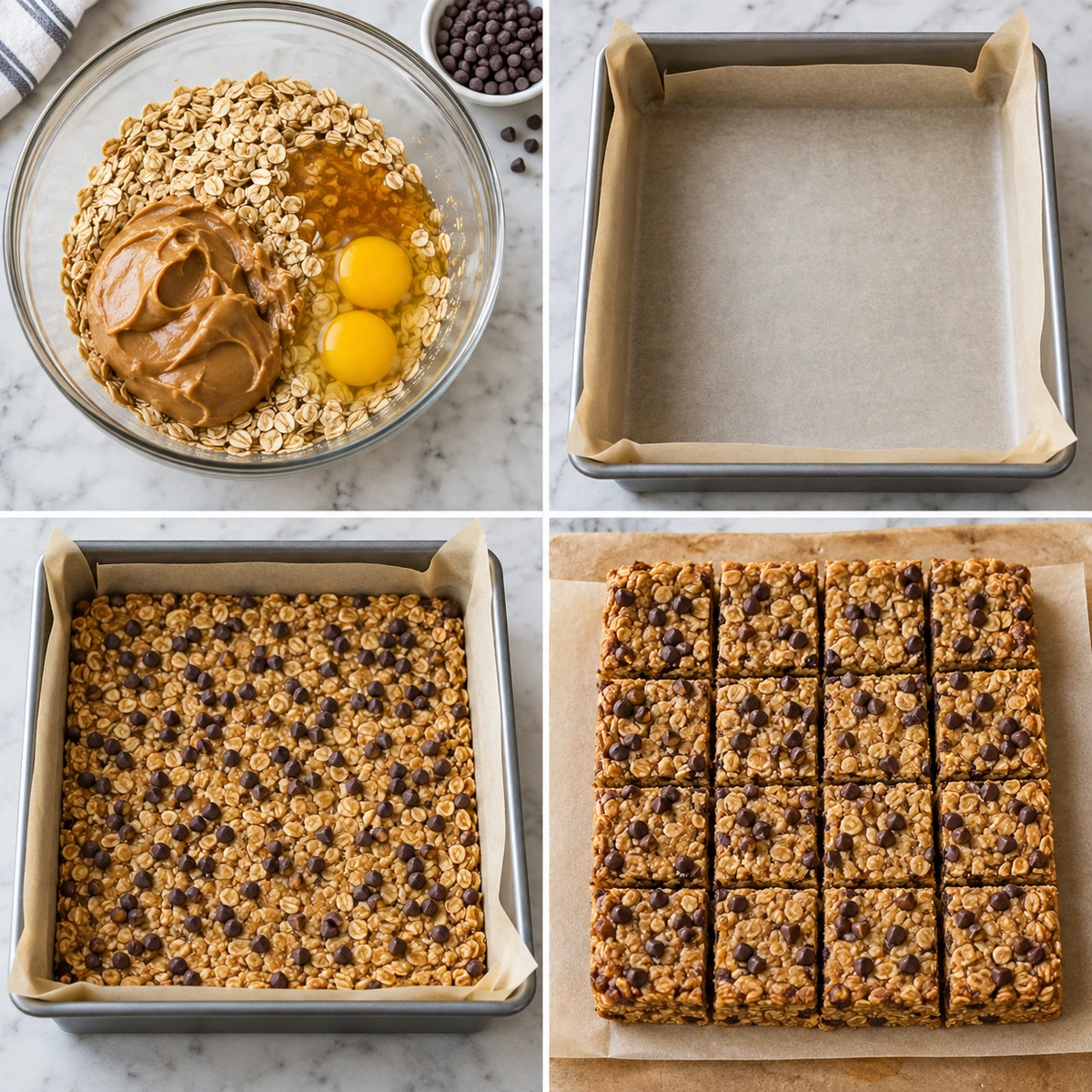Four chronological preparation stages for Peanut Butter Granola Bars