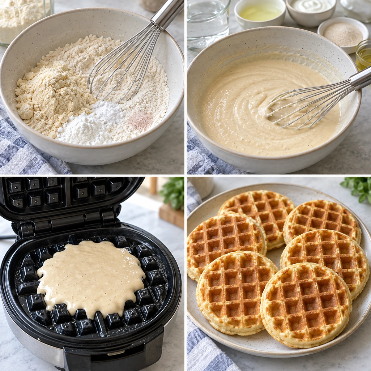 Four chronological preparation stages for Protein Waffles