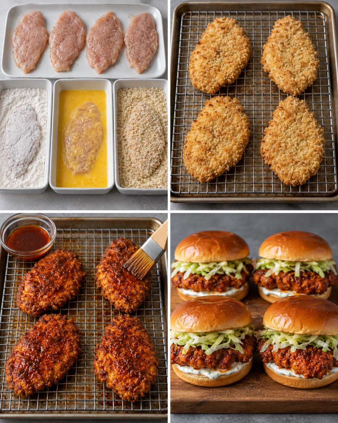 Four chronological preparation stages for Baked Nashville Hot Chicken Sandwich