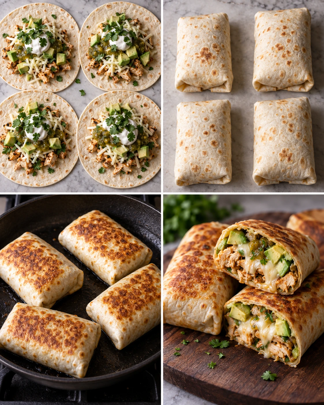 Four chronological preparation stages for Easy Chicken Avocado Burritos