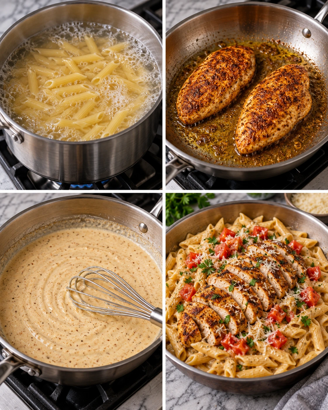 Four chronological preparation stages for Creamy Cajun Chicken Pasta Recipe