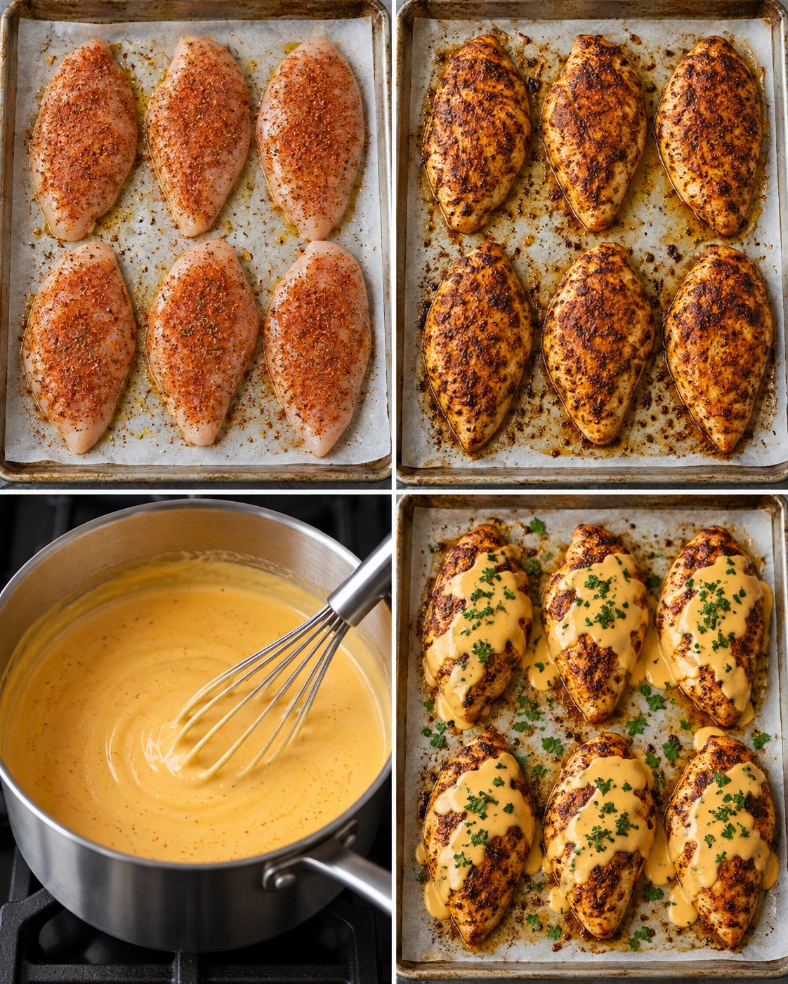 Four chronological preparation stages for Mexican Chicken With Cheese Sauce