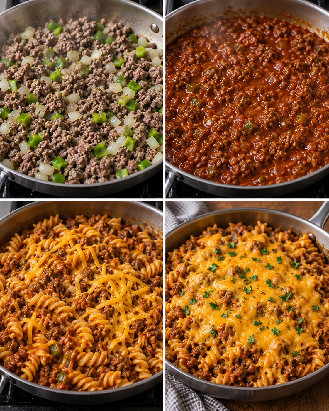 Four chronological preparation stages for Sloppy Joe Casserole