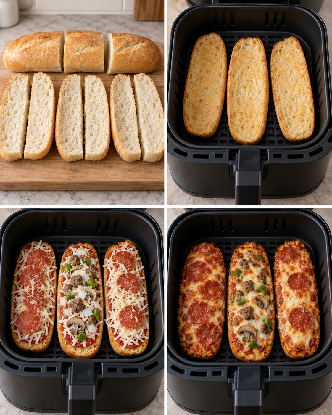 Four chronological preparation stages for Easy French Bread Pizza Recipe