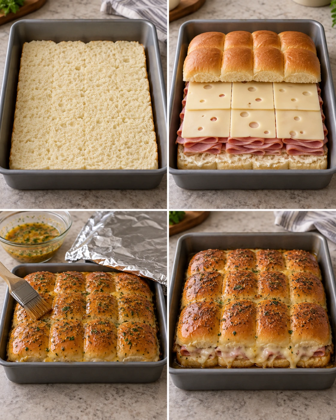 Four chronological preparation stages for Ham and Swiss Sliders