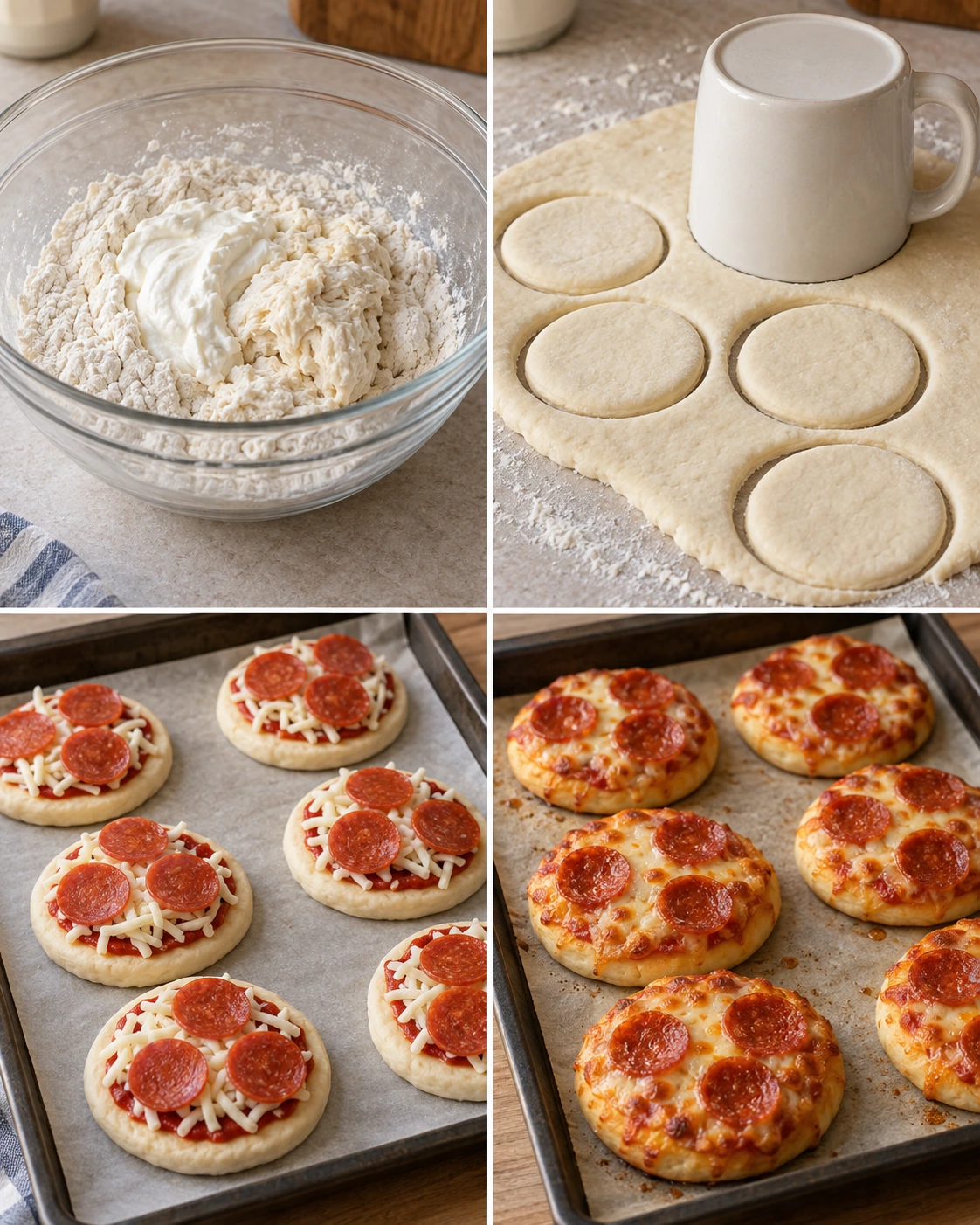 Four chronological preparation stages for Mini Lunchbox Pizzas