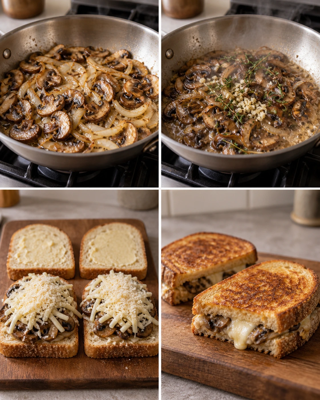 Four chronological preparation stages for Mushroom Grilled Cheese Sandwich