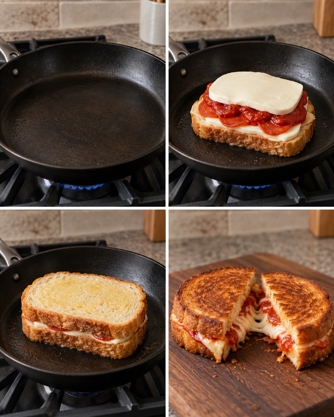 Four chronological preparation stages for Pepperoni Pizza Grilled Cheese