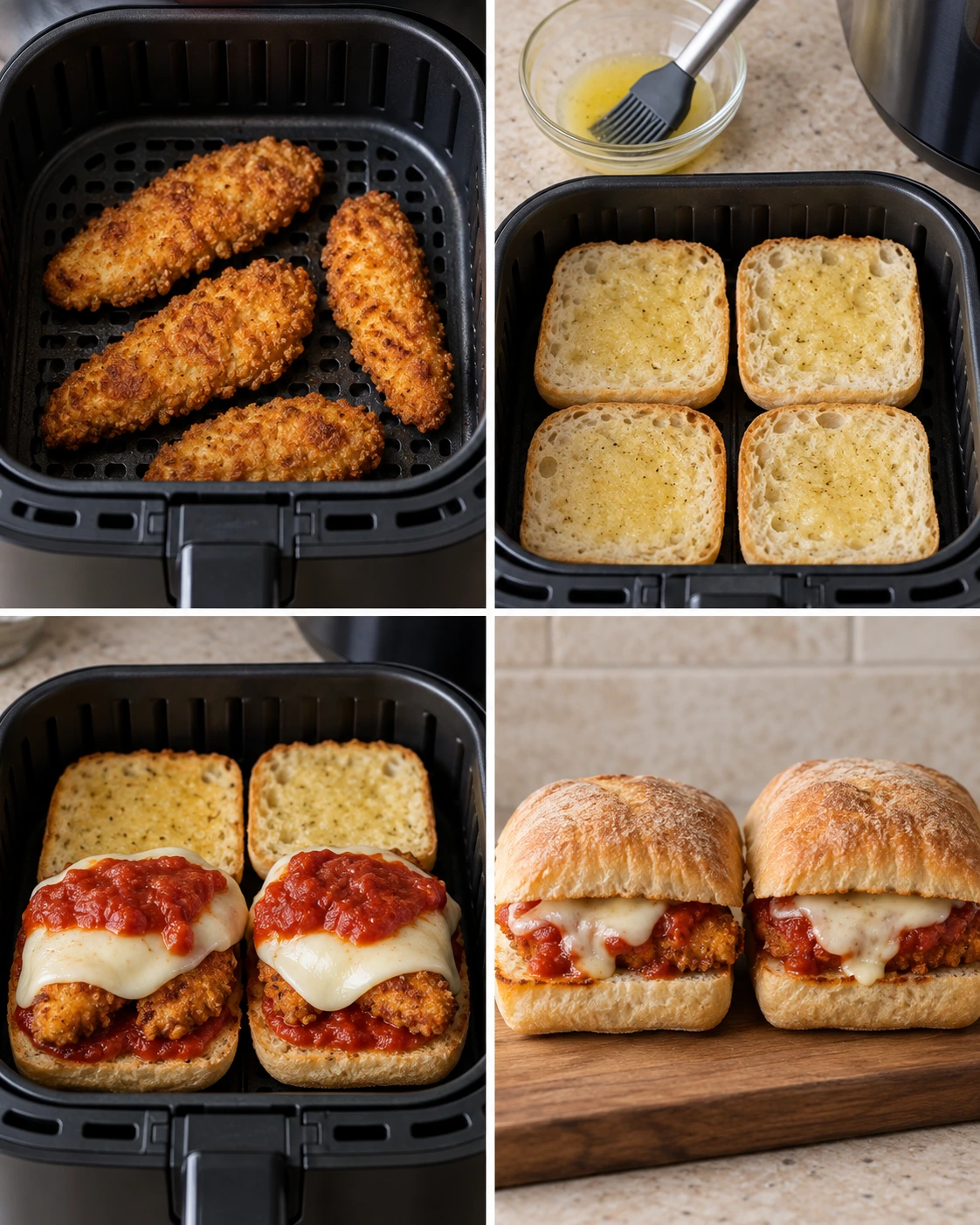Four chronological preparation stages for Chicken Parmesan Sandwiches