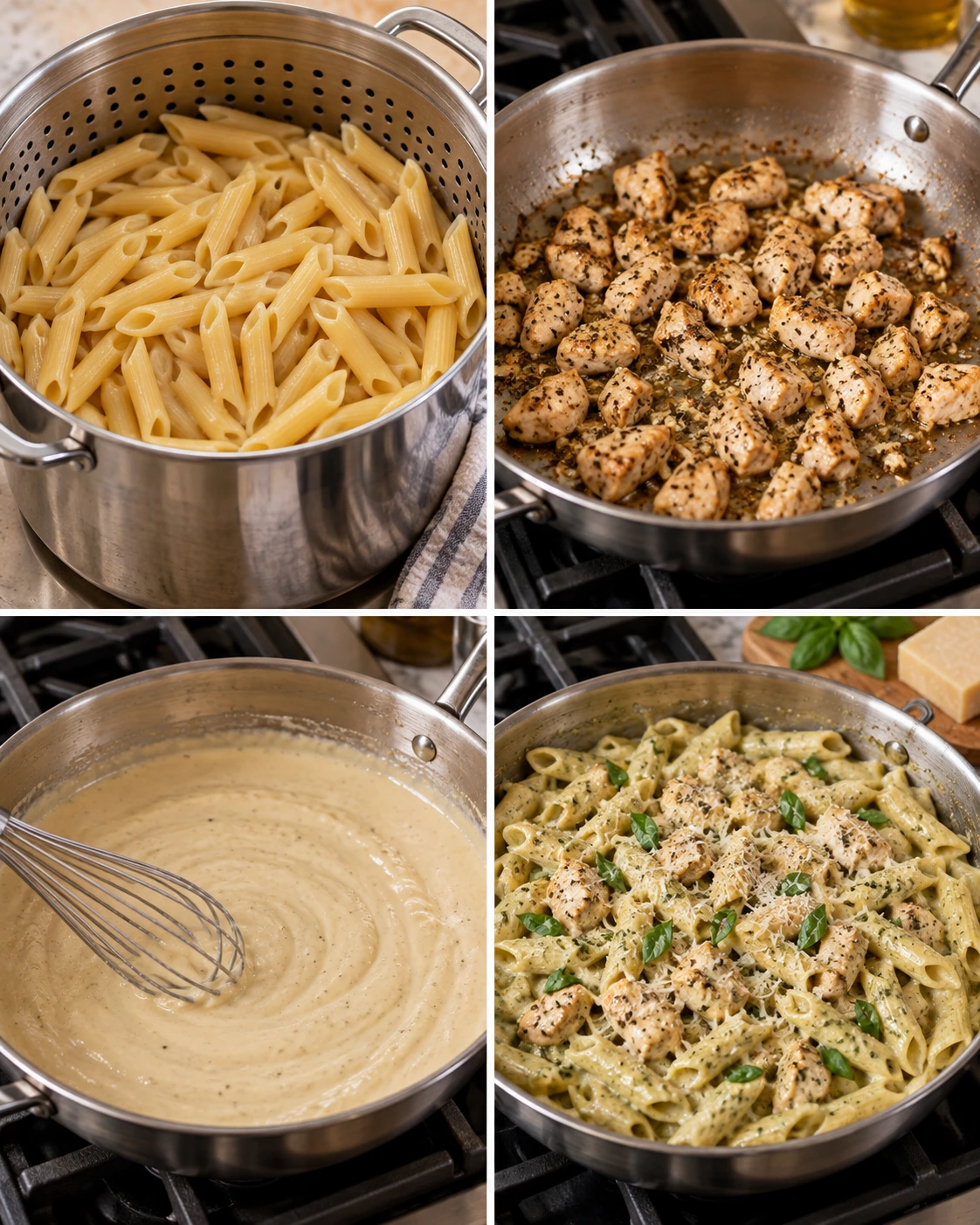 Four chronological preparation stages for Creamy Chicken Pesto Pasta