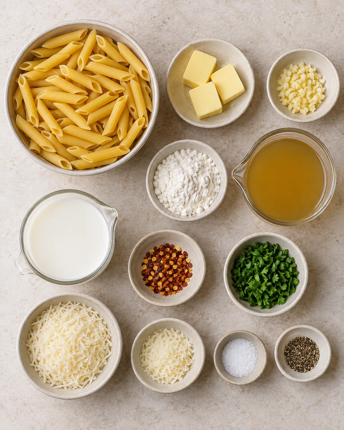 Exact measured ingredients for Creamy Garlic Penne Pasta