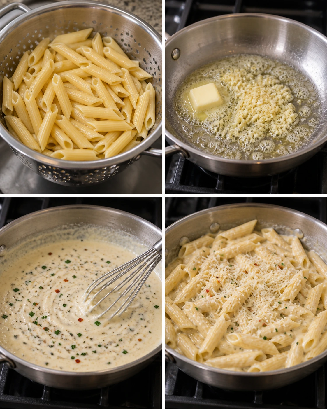 Four chronological preparation stages for Creamy Garlic Penne Pasta