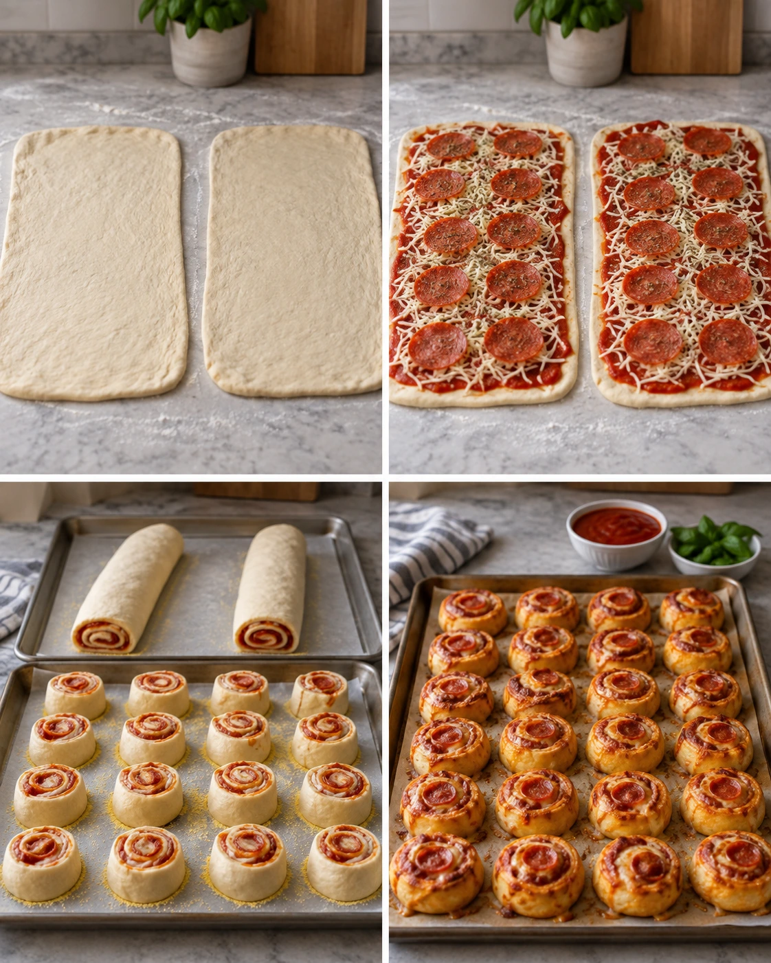 Four chronological preparation stages for Pepperoni Pizza Rolls