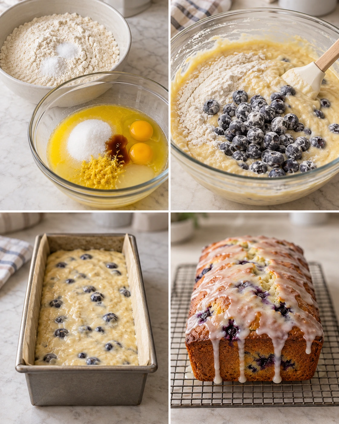 Four chronological preparation stages for Sweet Lemon Blueberry Bread