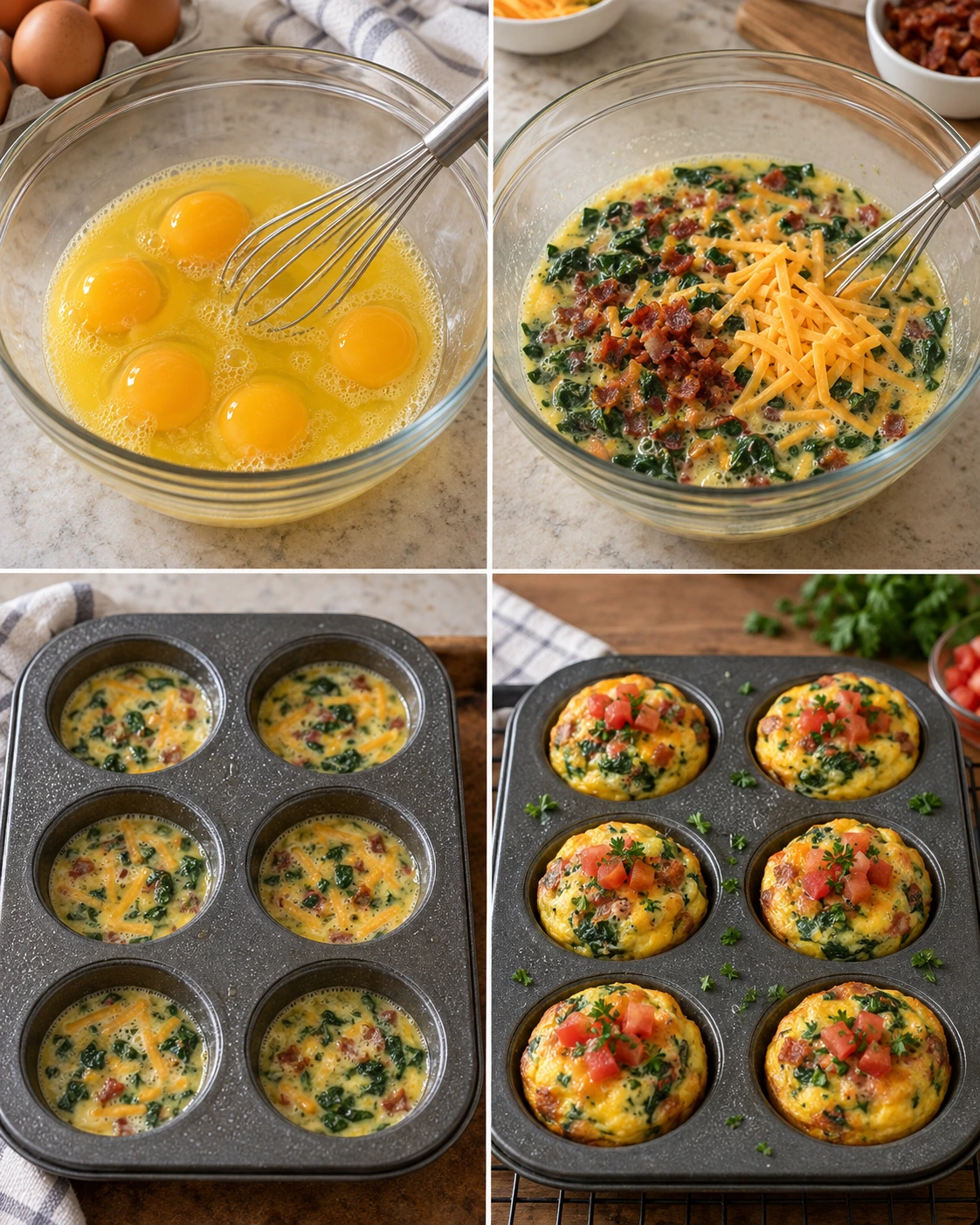 Four chronological preparation stages for Breakfast Egg Muffins