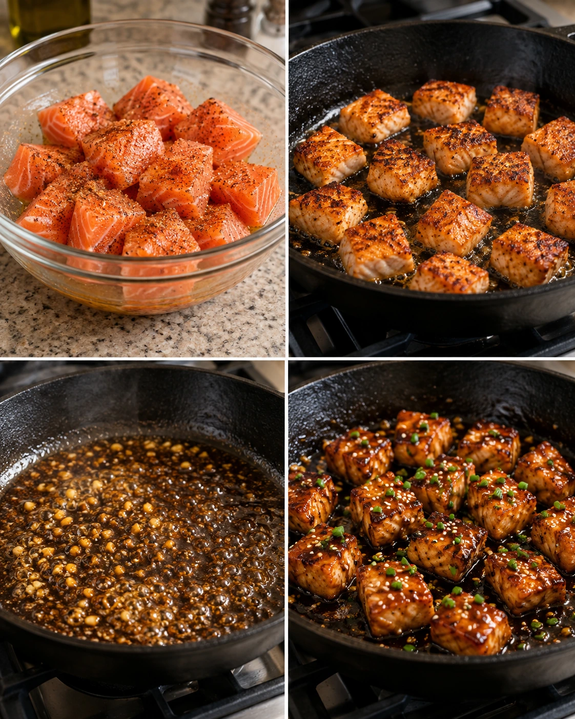 Four chronological preparation stages for Easy Honey Garlic Salmon Bites