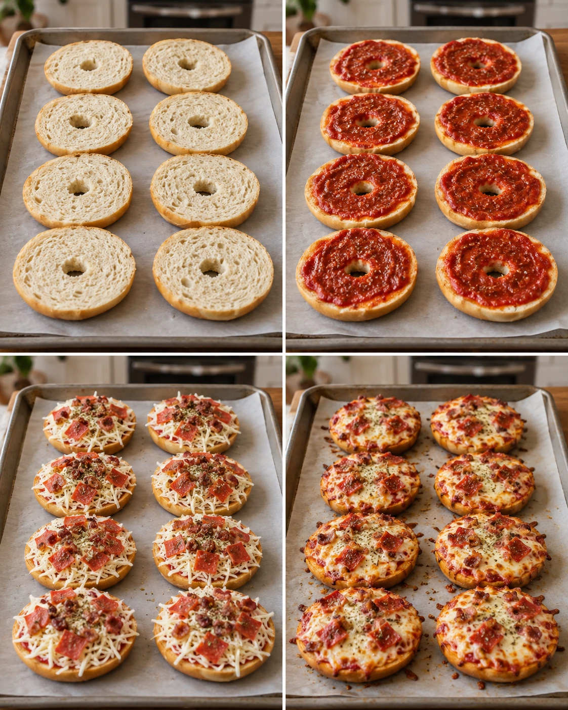 Four chronological preparation stages for Homemade Pizza Bagels