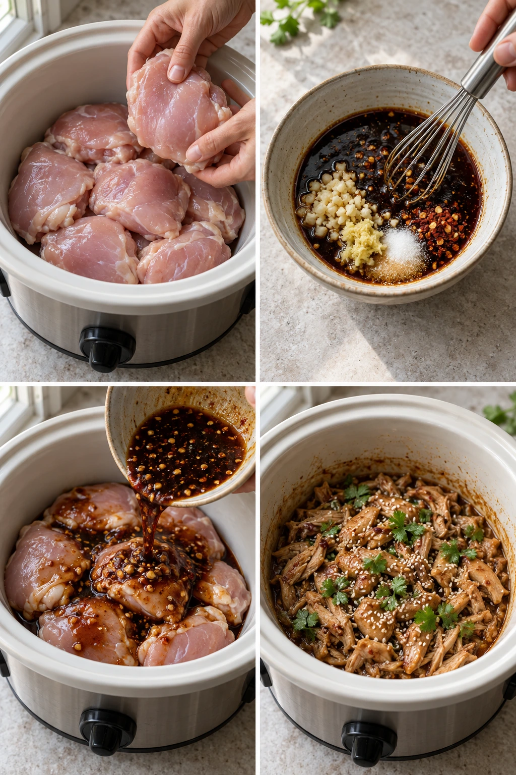 Four chronological preparation stages for Keto Crockpot Asian Chicken