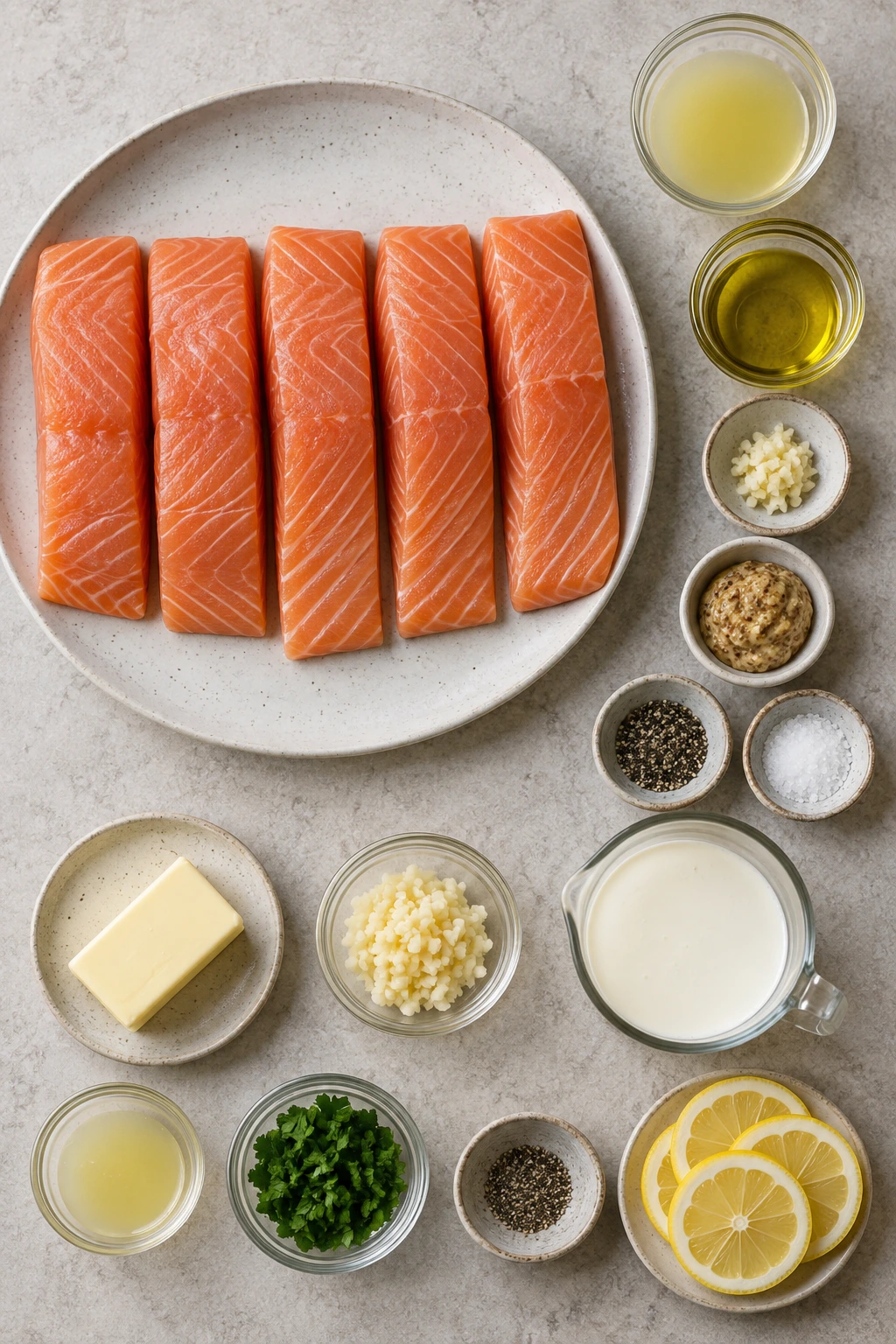 Exact measured ingredients for Baked Salmon with Lemon Butter Cream Sauce
