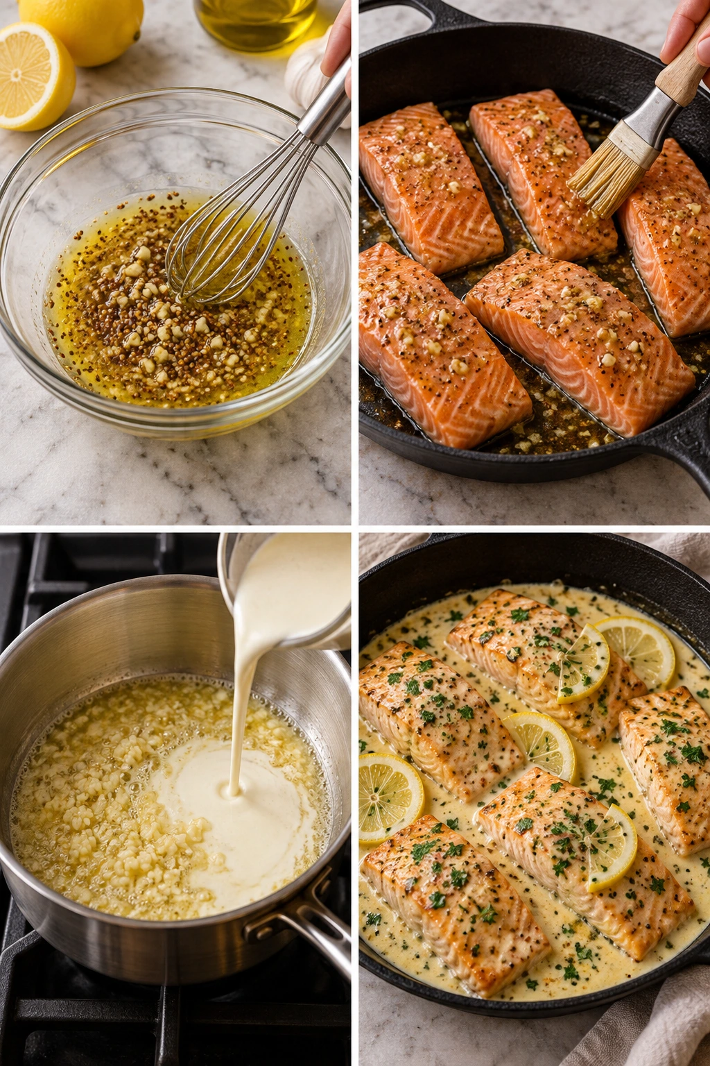 Four chronological preparation stages for Baked Salmon with Lemon Butter Cream Sauce