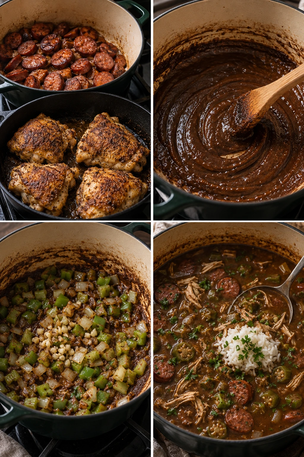 Four chronological preparation stages for Chicken and Sausage Gumbo