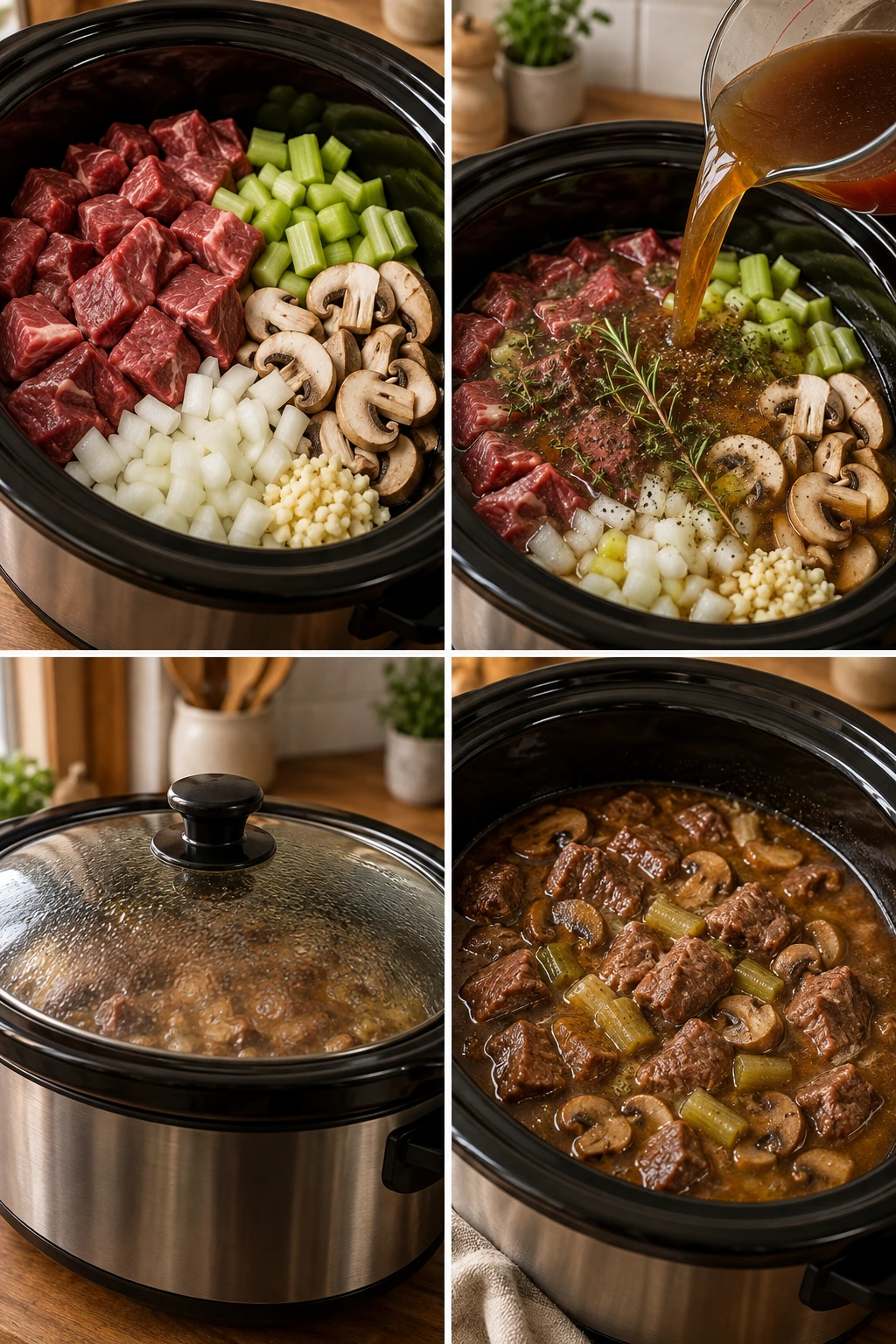 Four chronological preparation stages for Keto Crockpot Beef Stew