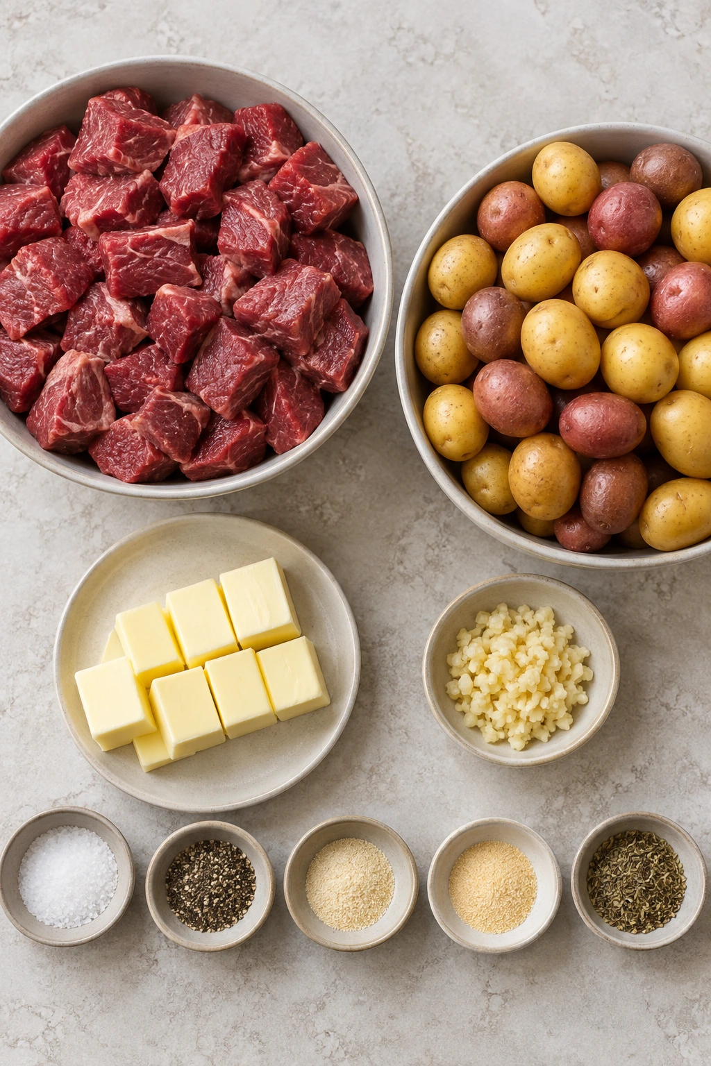 Exact measured ingredients for Slow Cooker Garlic Butter Steak Bites & Potatoes