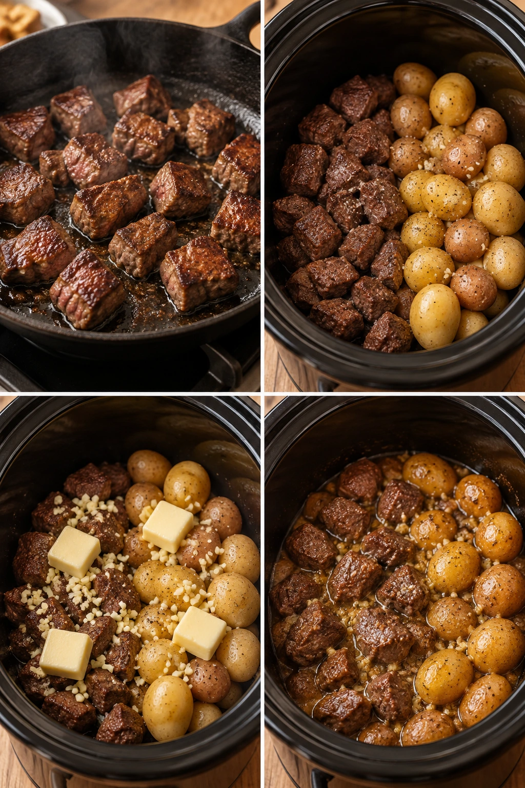 Four chronological preparation stages for Slow Cooker Garlic Butter Steak Bites & Potatoes