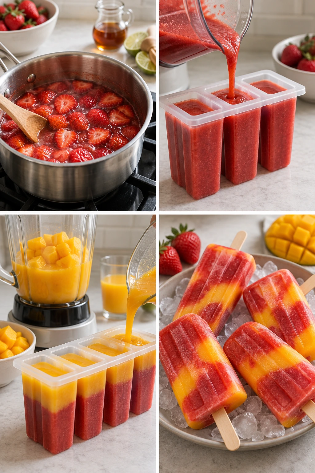 Four chronological preparation stages for Strawberry Mango Popsicles