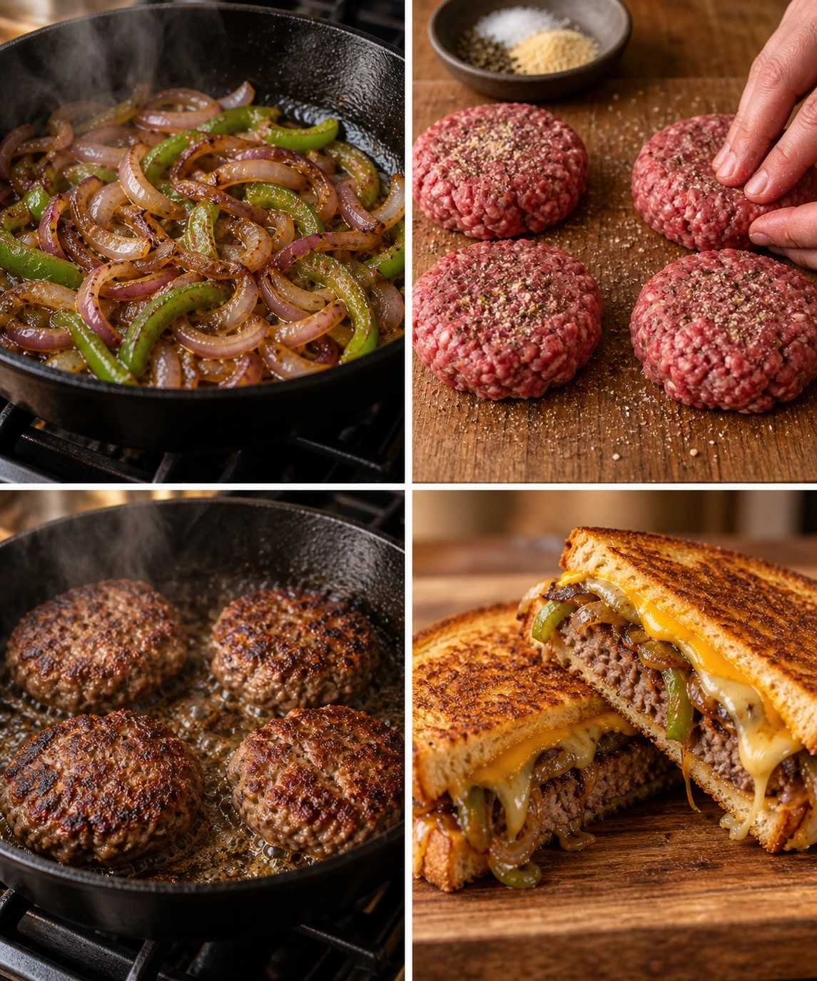 Four chronological preparation stages for Beef Patty Melt