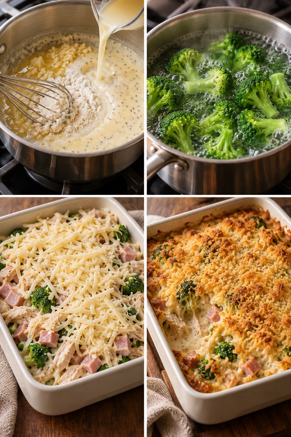 Four chronological preparation stages for Chicken Cordon Bleu Casserole