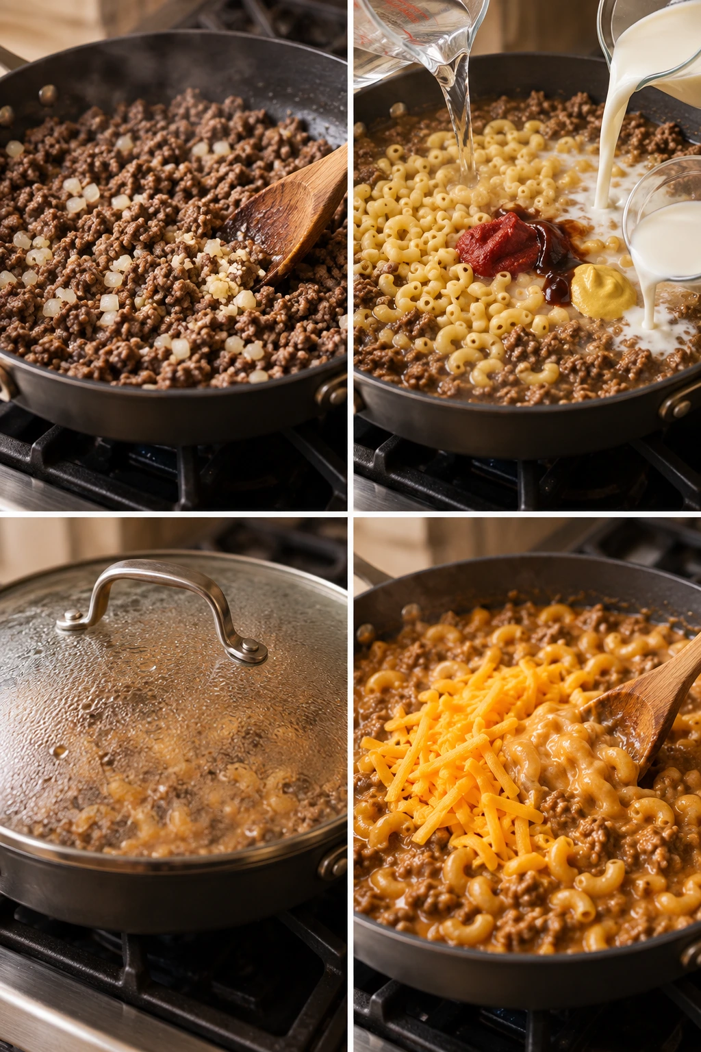 Four chronological preparation stages for Homemade Hamburger Helper