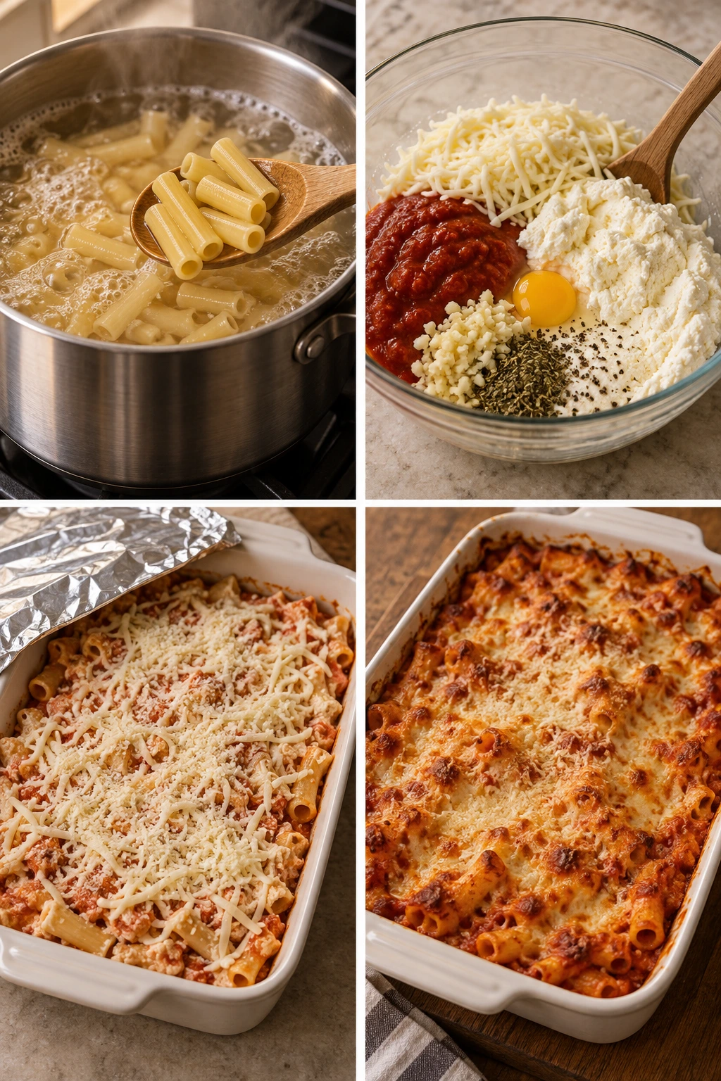 Four chronological preparation stages for Easy Meatless Baked Ziti