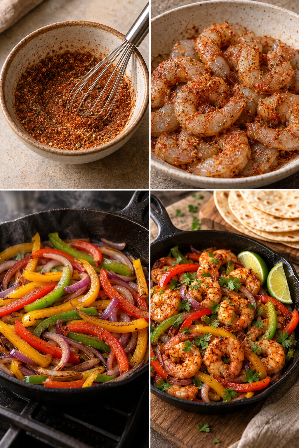 Four chronological preparation stages for Shrimp Fajitas Skillet Recipe