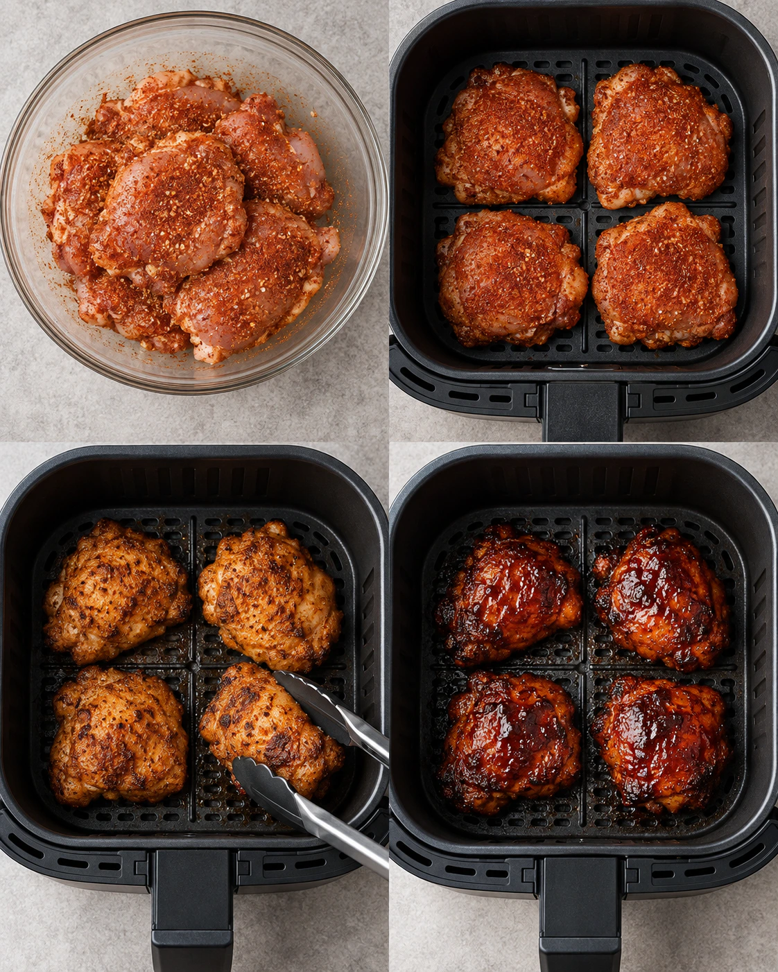 Four chronological preparation stages for Air Fryer BBQ Chicken