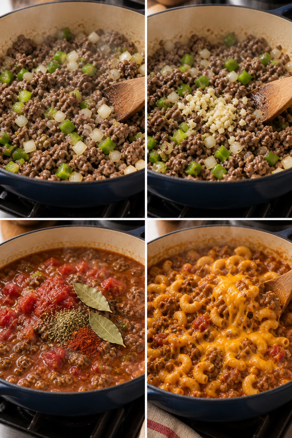 Four chronological preparation stages for Nostalgic American Goulash