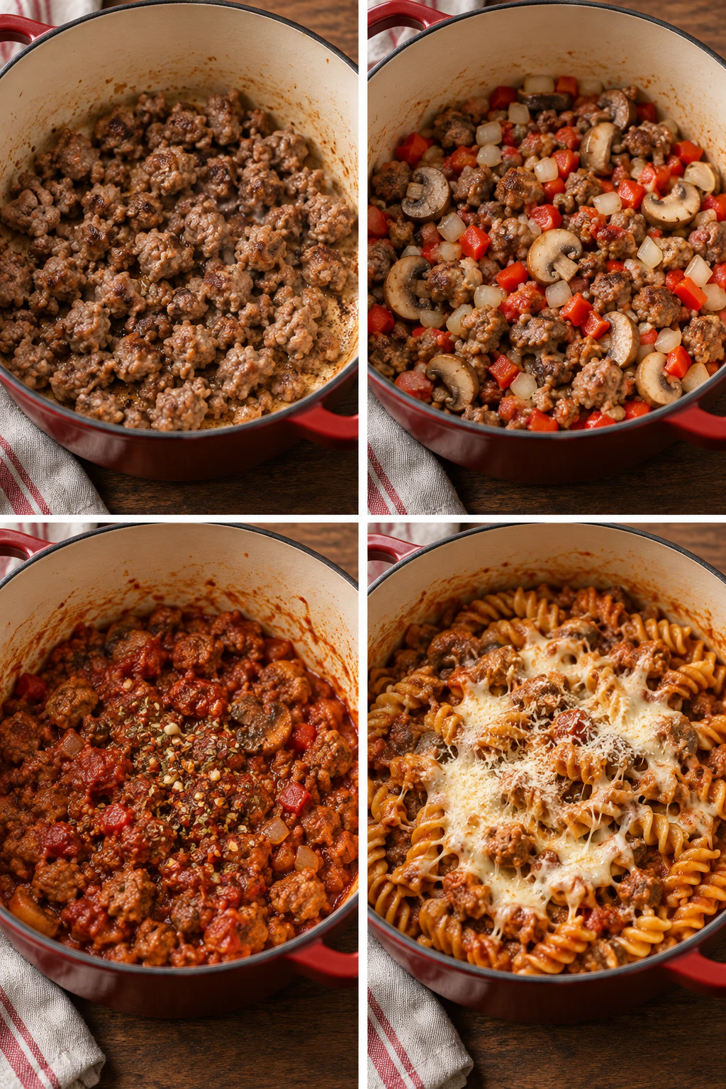 Four chronological preparation stages for One Pot Pizza Pasta
