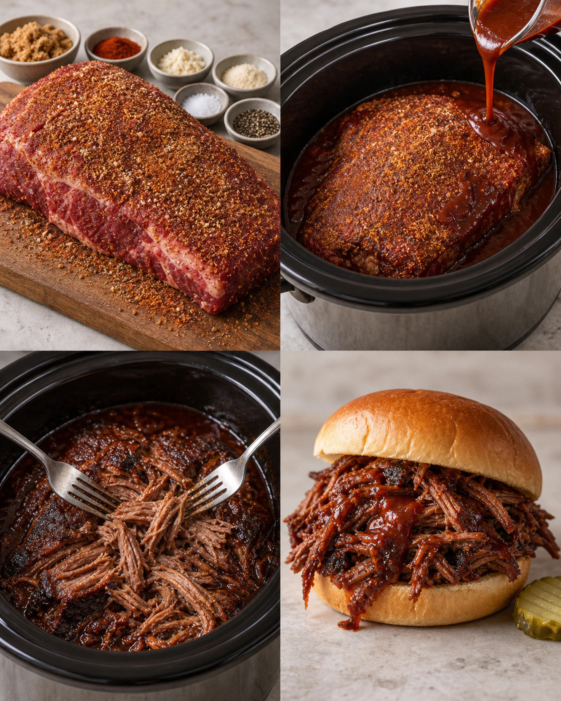Four chronological preparation stages for Slow Cooker BBQ Brisket Sandwich