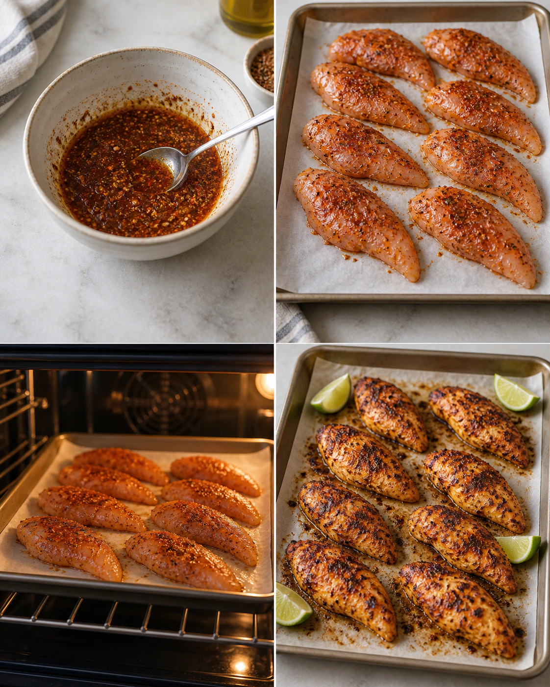Four chronological preparation stages for Southwest Baked Chicken Tenderloins