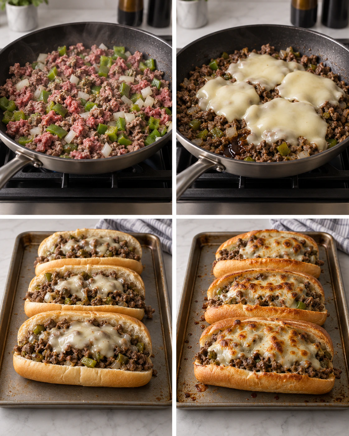 Four chronological preparation stages for Ground Beef Philly Cheesesteak