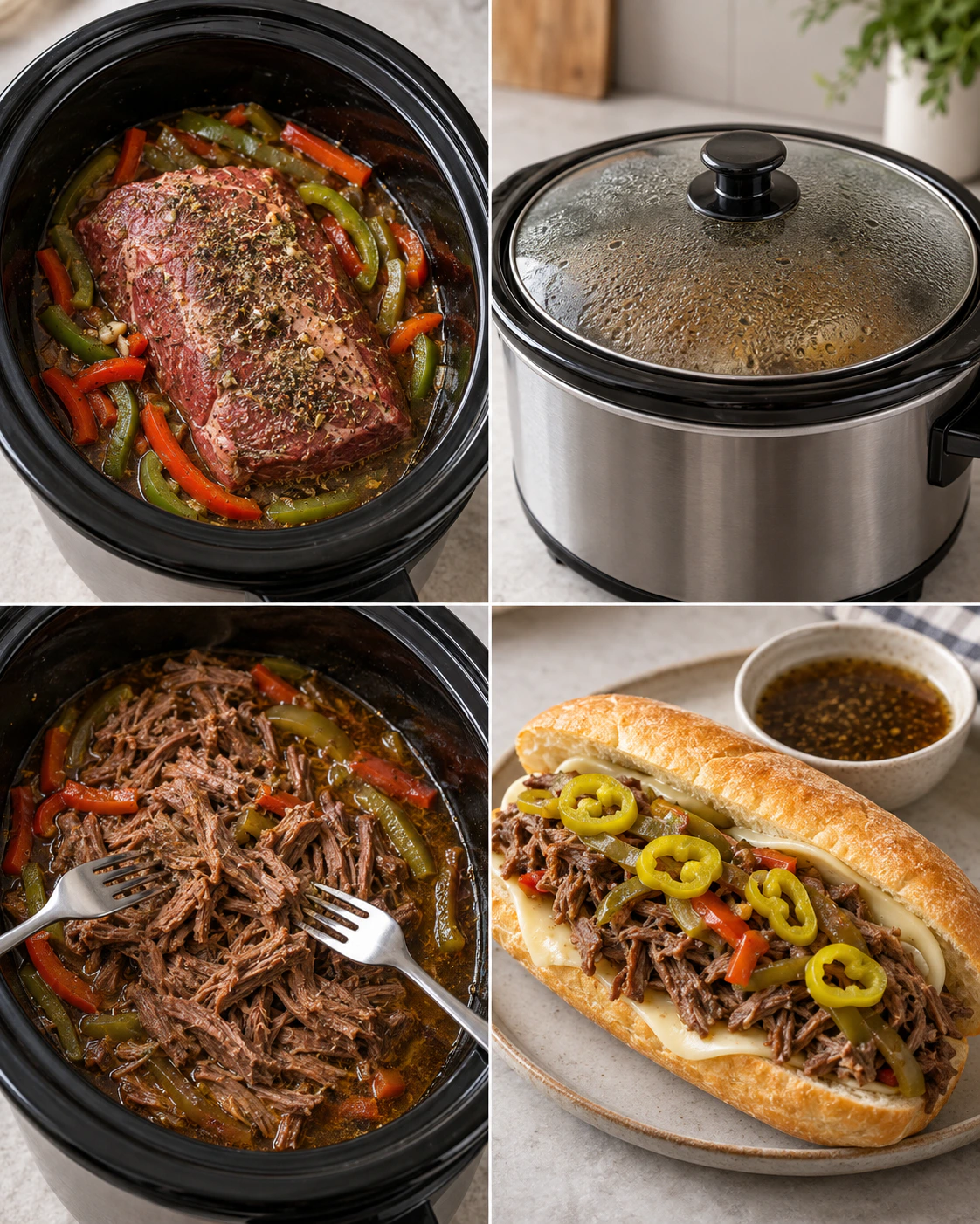 Four chronological preparation stages for Italian Beef Sandwiches