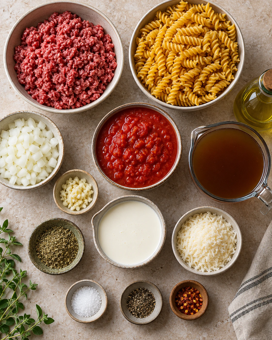 Exact measured ingredients for One Pot Creamy Beef Pasta