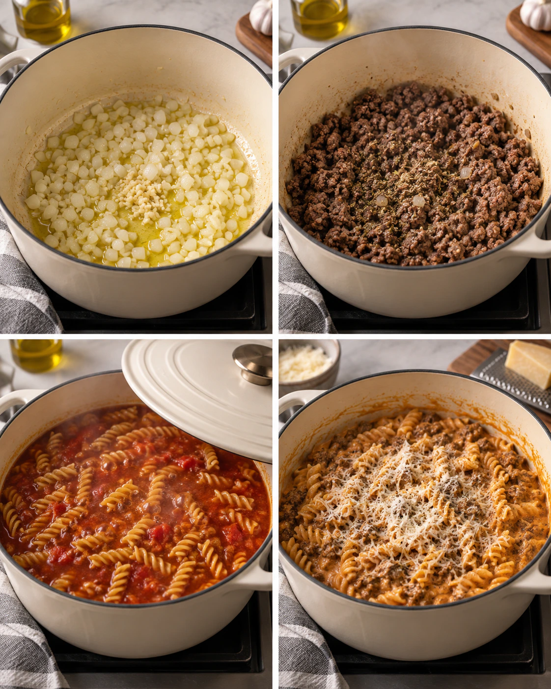 Four chronological preparation stages for One Pot Creamy Beef Pasta