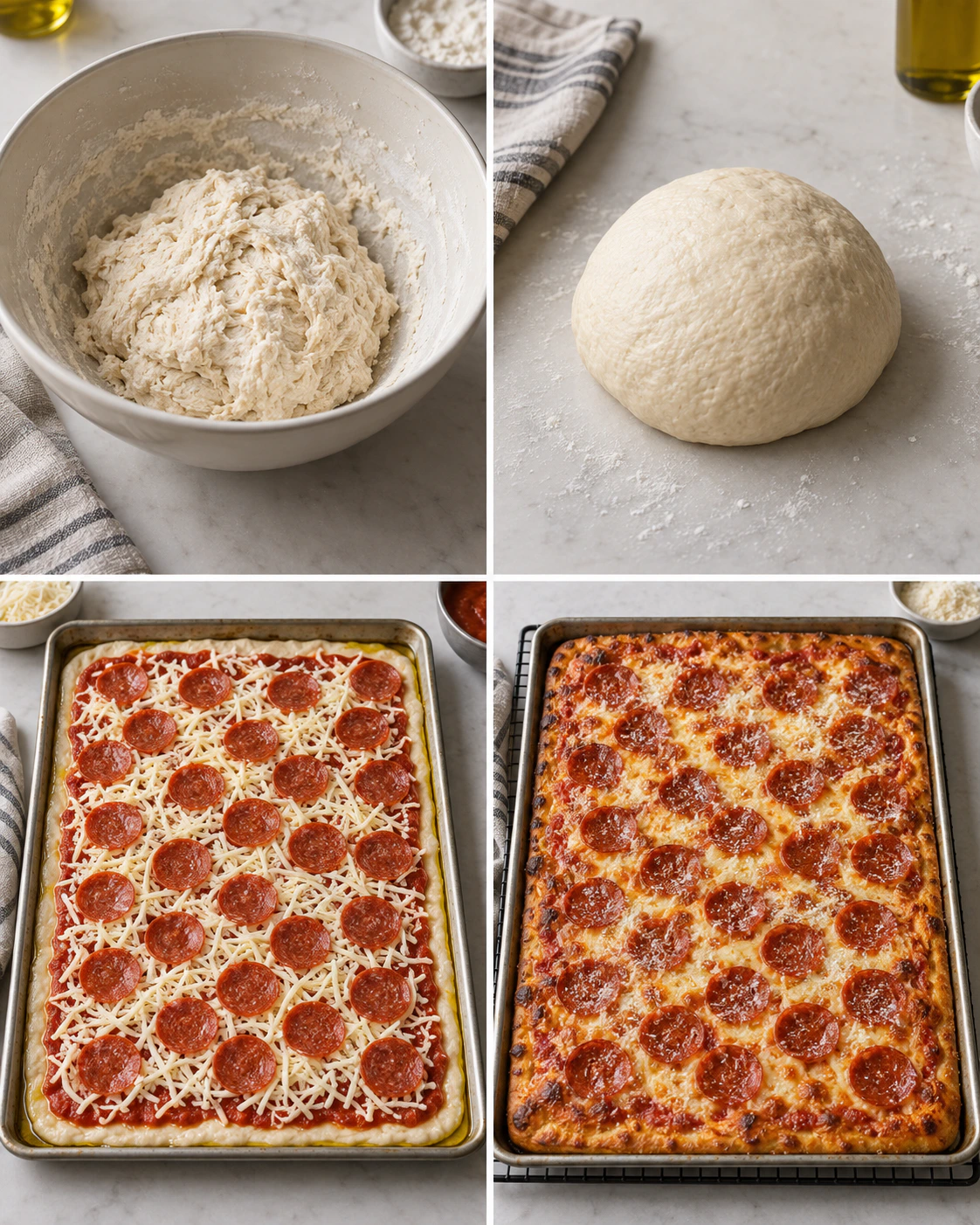 Four chronological preparation stages for Sheet Pan Pizza + Quick Homemade Dough